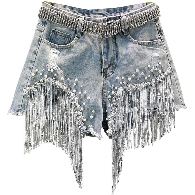 S-5XL Waist Beads Tassel Women'S Denim Shorts Summer Beading Wide Leg Thin Oversized Jeans Korean Streetwear Women Clothes