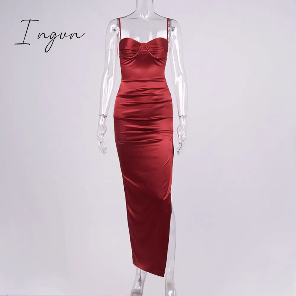 Ingvn - High Side Split Satin Dresses Women Spring Sexy Sleeveless Backless Party Outfit Solid Bodycon Black Evening Dress