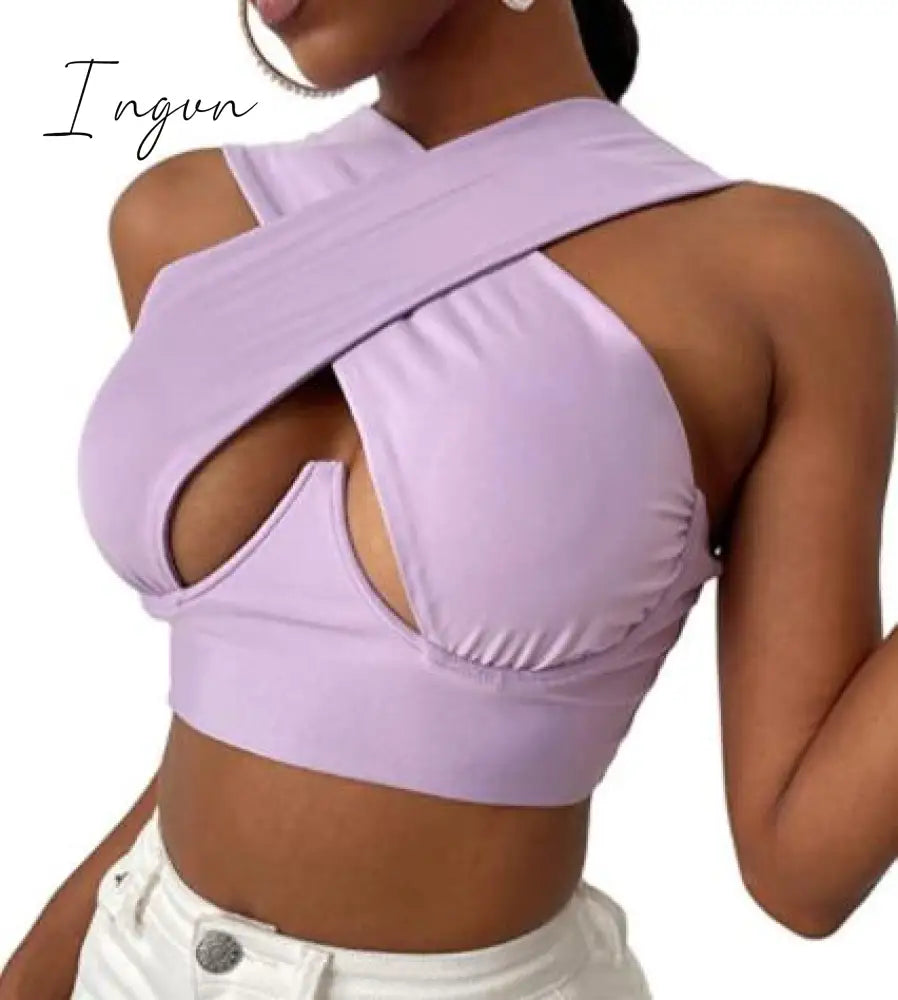 Ingvn - Women's Criss Cross Tank Tops Sexy Sleeveless Solid Color Cutout Front Crop Tops Party Club Streetwear Summer Lady Bustier Tops