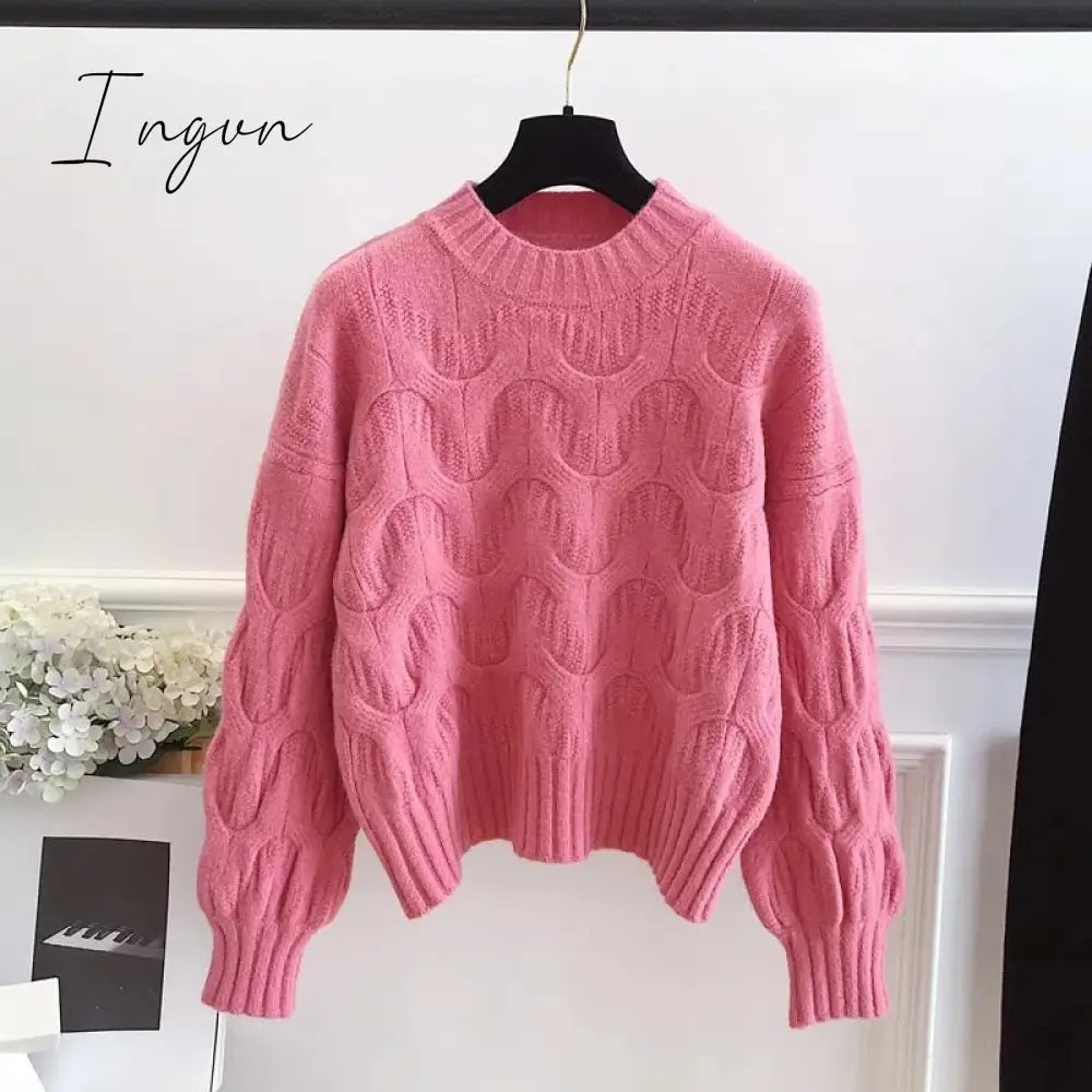 Ingvn - Twist Round Neck Solid Casual Vintage Soft Knitted Women's Sweater Long Sleeve Korean Fashion Chic Pullover Female Jumpers