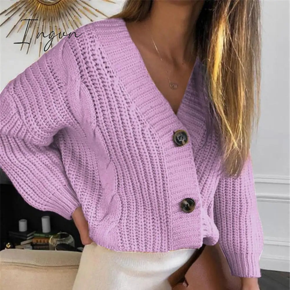 Ingvn - Women Short Cardigan Knitted Sweater Autumn Winter Long Sleeve V neck Jumper Cardigans Casual Streetwear Fashion Pull Femme Coat