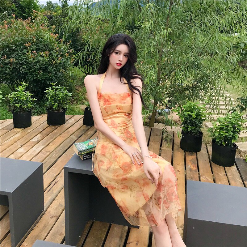 Women Midi Floral Halter Slip Dress Summer Vintage Painting Flowers Backless Casual Party Night Vacation Runway Vestidos