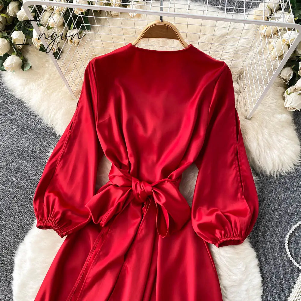 Ingvn - Womens Fashion Irregular Maxi Dress Women Design Hollow Puff Sleeve A-line Dress New Autumn Casual Vacation Split Long Dress
