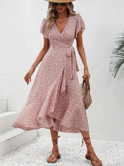 Women's Spring & Summer Dress - Elegant Floral Print, Surplice Neck with Tie, Casual Flutter Sleeves & Ruffle Hem, Perfect for Every Day & Special Occasions
