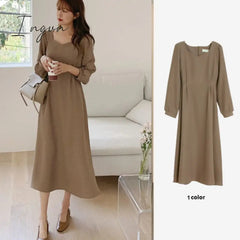 Ingvn - Spring Outfits Chic Korean Fashion Women Temperament Office Lady Elegant Work Basic Wear Solid Vintage Long Dress Fenimine Vestidos N502