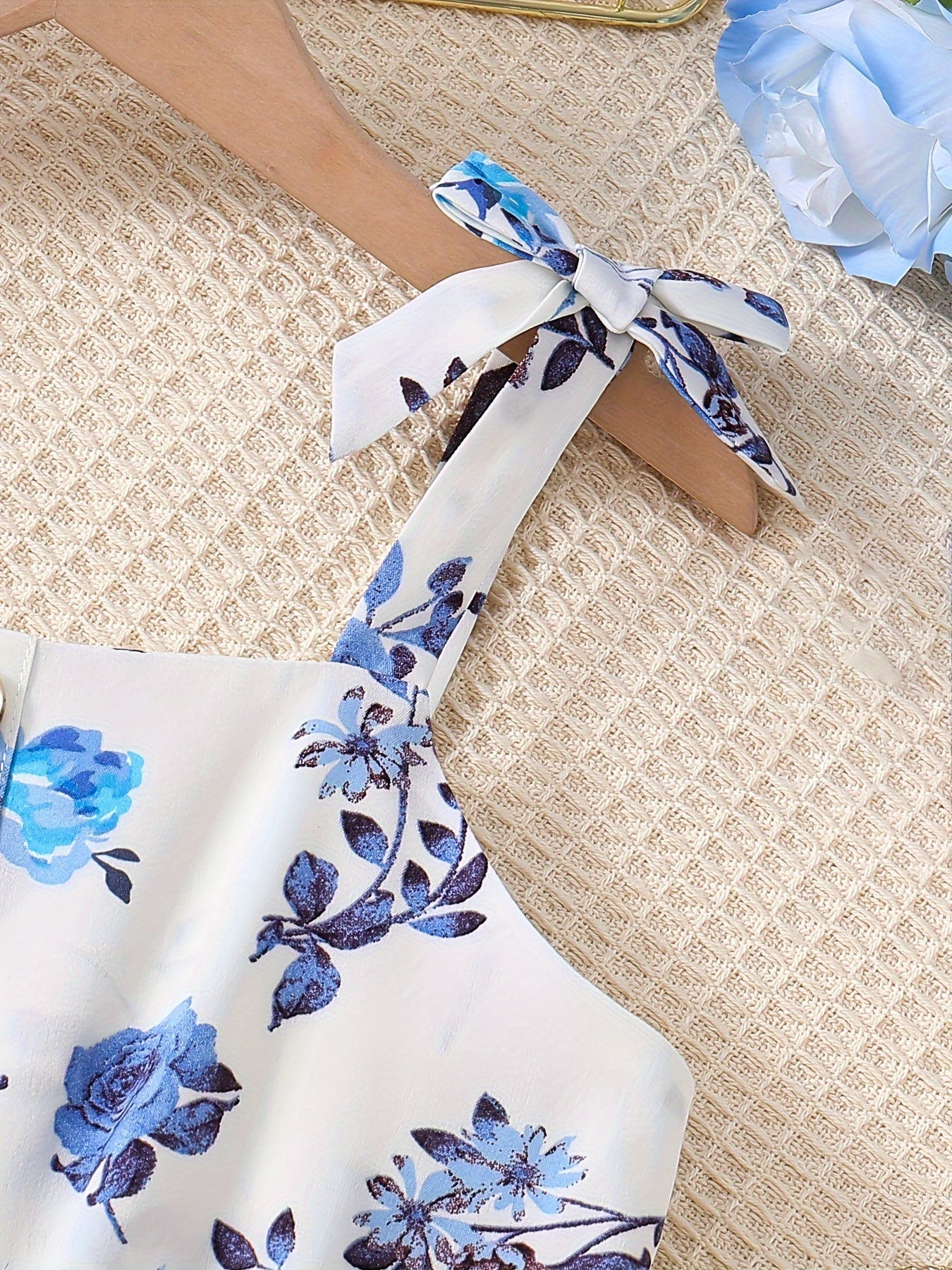 Girls Bow Straps Cami Dress Floral Print Casual Suspender Dress