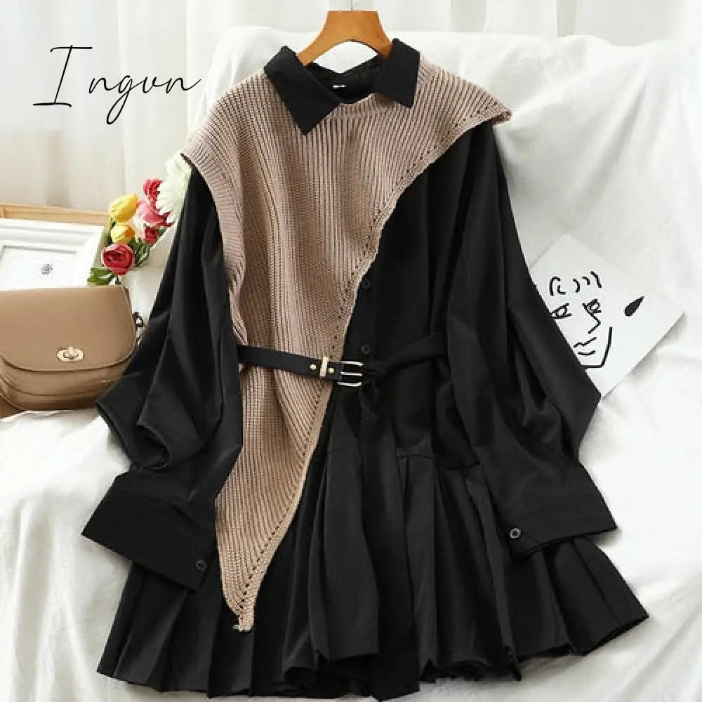 Ingvn - New Sweet Suit Women Japan Single Breasted Turn-Down Collar Pleated Dress +Irregular Drawstring Knitted Vest Two Piece Set PL548