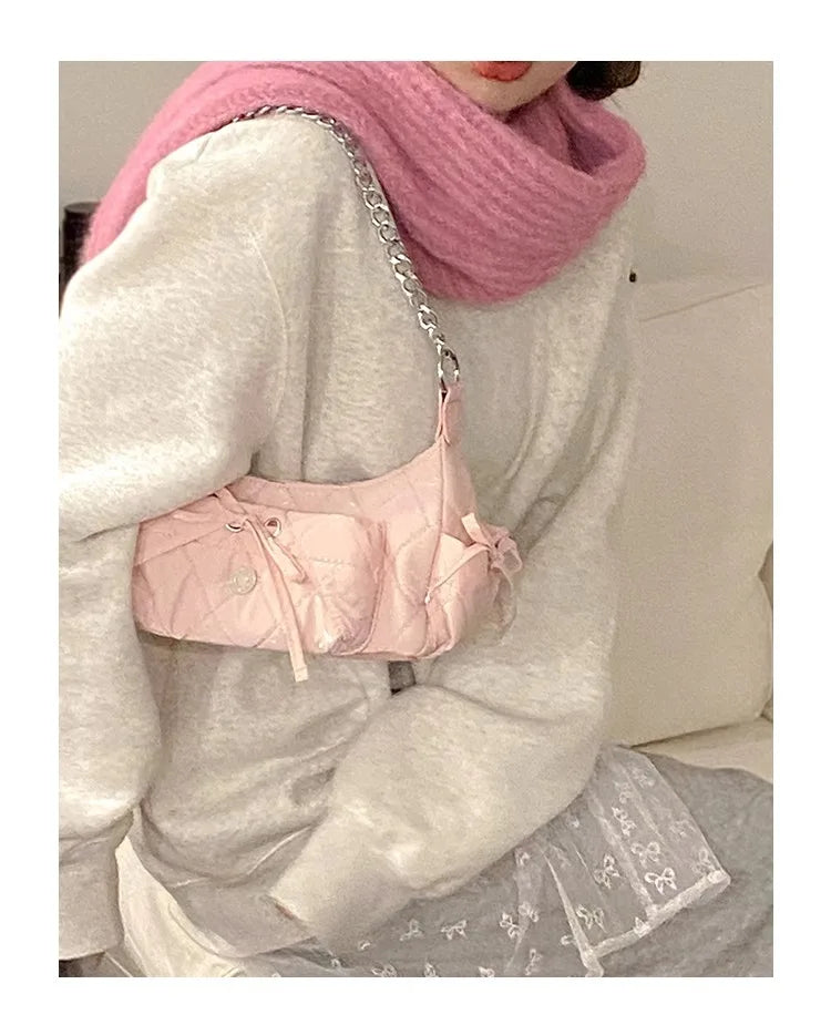 INGVN  Elegant Pink Shoulder Bag for Women Summer Fashion Leather Casual Cute Handbag Chains Hot Girls Daily Gentle Armpit Bag