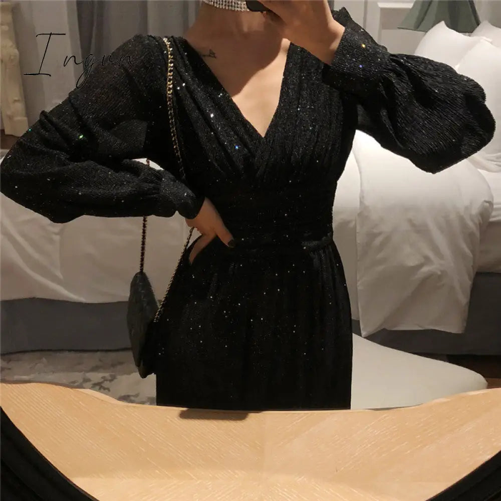 Ingvn - Vintage Glitter Long Maxi Dress Women Spring High Waist Long Sleeve Elegant Boho Dress Shiny Party Dress Plus Size Sexy