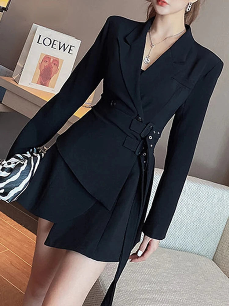Mini Party Blazer Dress Women Korean One-piece Office Lady Elegant Dress Chic Sashes Design Long Sleeve Clothes Winter