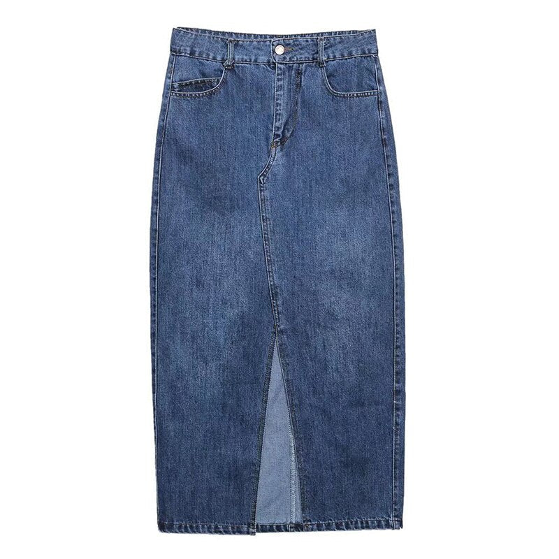Tassel Trimmed Women Elegant Straight Slit Maxi Denim Skirt Spring Summer Fashion Cotton Pockets Fashion Long Skirt