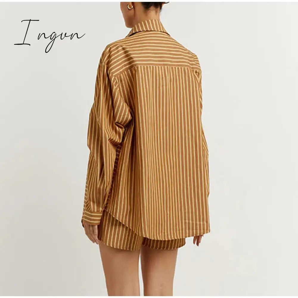 Ingvn - Women Tracksuits Shirt With Mini Shorts Cotton Two Pieces Sets Summer Fashion Clothing Outfits Women Blouses Fashion Tracksuits