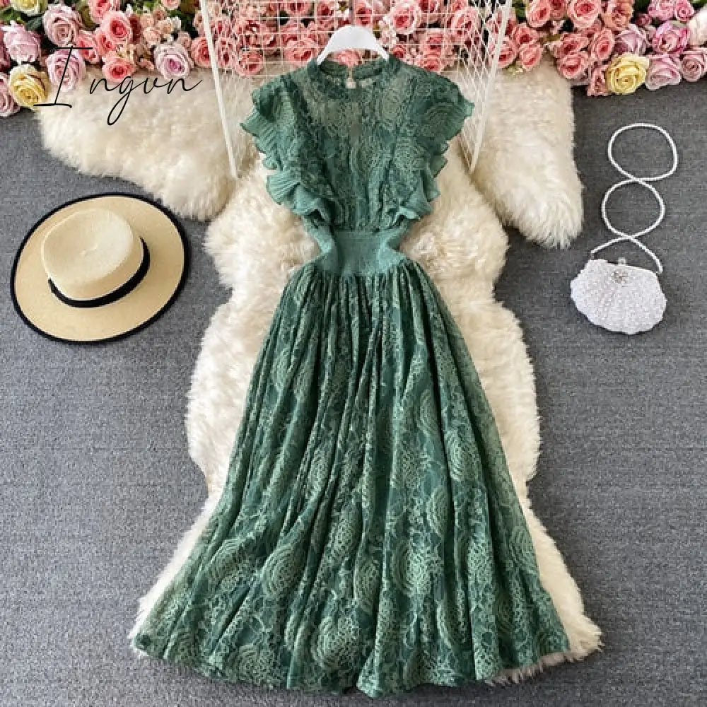 Ingvn - Vintage Purple/Green/Red Lace Midi Dress Women Sweet Round Neck Ruffle Vestidos Female High Waist Slim Robe Spring Autumn