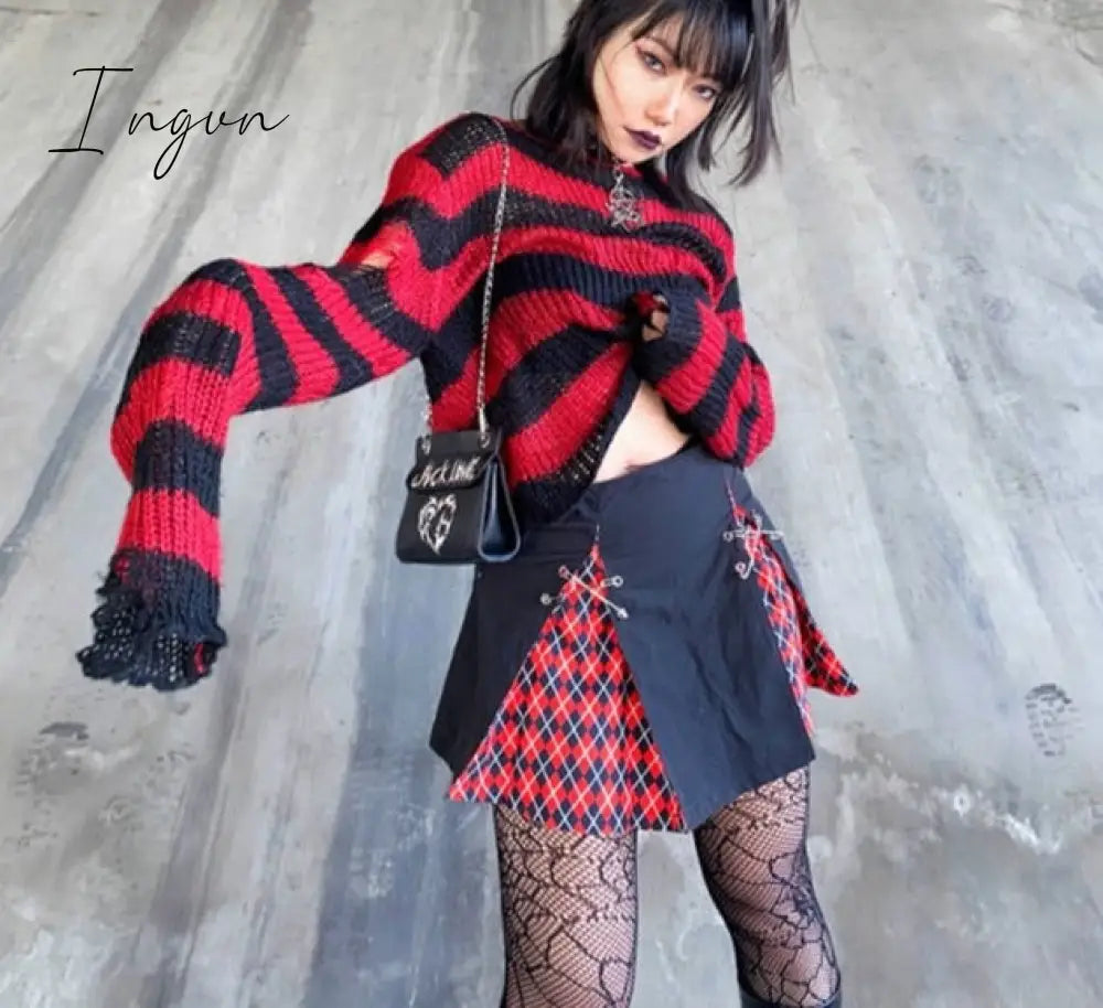 Ingvn - Punk Gothic Long Unisex Sweater  Summer Women Striped Cool Hollow Out Hole Broken Jumper Loose Rock Thin Dark Streetwear Top