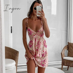 Ingvn - Foridol Casual Floral Boho Elegant French Dress Women Pink Flower Print Bohemian Beach Style Summer Mini Dress