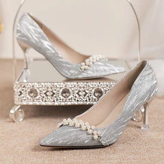 Shiny Glitter High Heels Pumps Women Autumn Luxury Pearl Stiletto Heeled Designer Shoes Woman Pointed Toe Silver Party Shoe