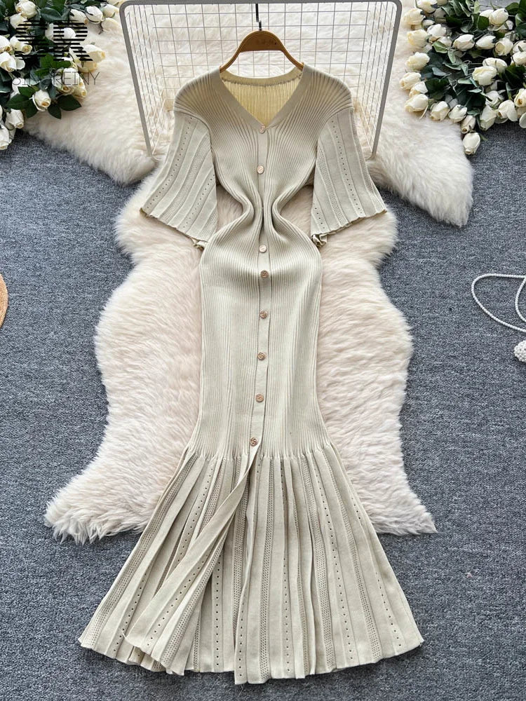 2025 Autumn Sweater Dress Female High Quality Button Design V Neck Solid French Style Elastic Knitted Women's Dress