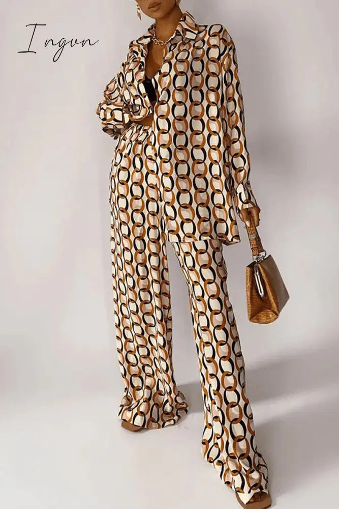 Ingvn - Casual Geometric Print Buttons Turndown Collar Long Sleeve Two Pieces