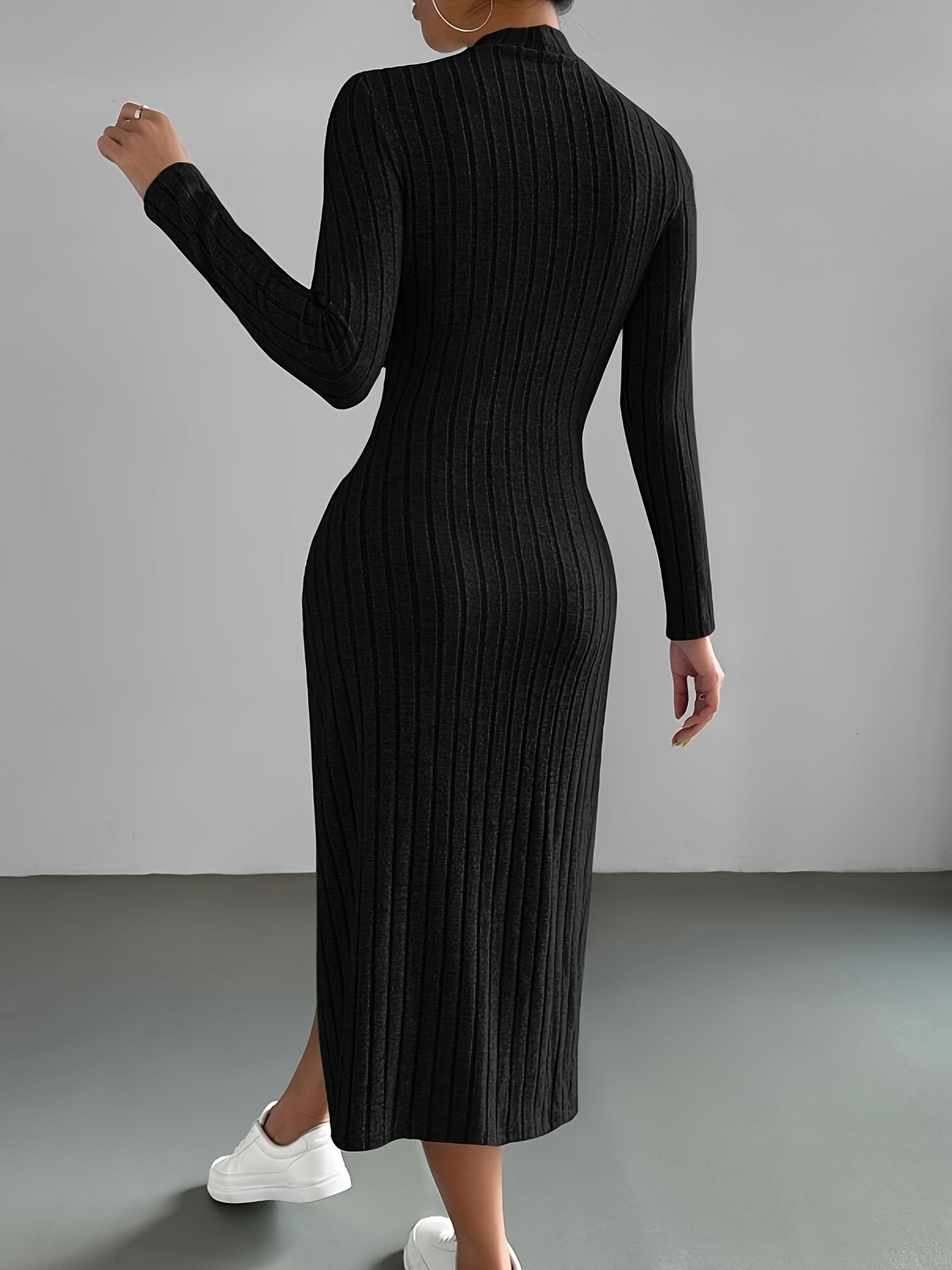 Chic Ribbed Black Midi Dress - Comfortable Mock Neck & Long Sleeves - Perfect for Any Occasion