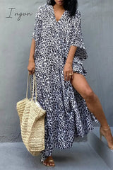 Ingvn - Vintage Vacation Print Leopard Slit Swimwears Cover Up