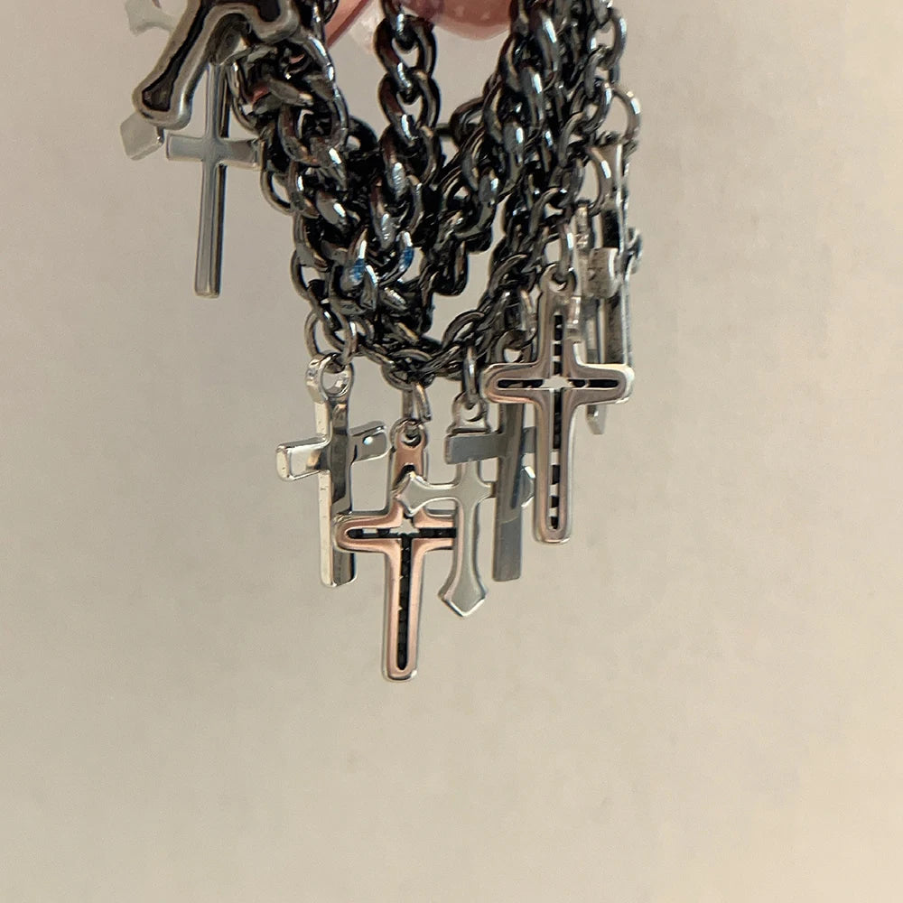 INGVN  Hip Hop Multi-Layer Ring Black Chain Cross Fringe Pendant Ring Unisex Men Women Fashion Trend Punk Jewelry Accessories