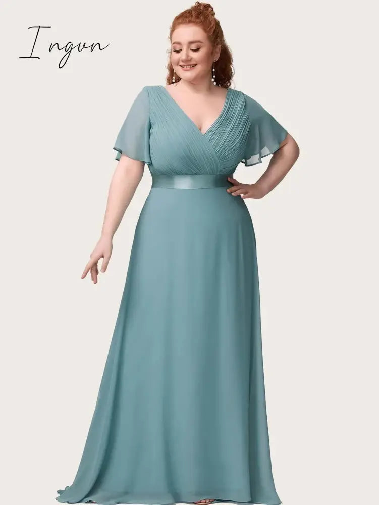 Ingvn - Summer Outfits New Women Plus Size Evening Dresses Long Elegant A Line V Neck Ruffles Chiffon Formal Wedding Party Dress Robe De Soiree