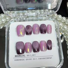 10Pcs Glitter Short Handmade Press On Nails Fake Nails Full Cover Cat Eye Square Head Artificial Manicure Wearable Nail Tips Art