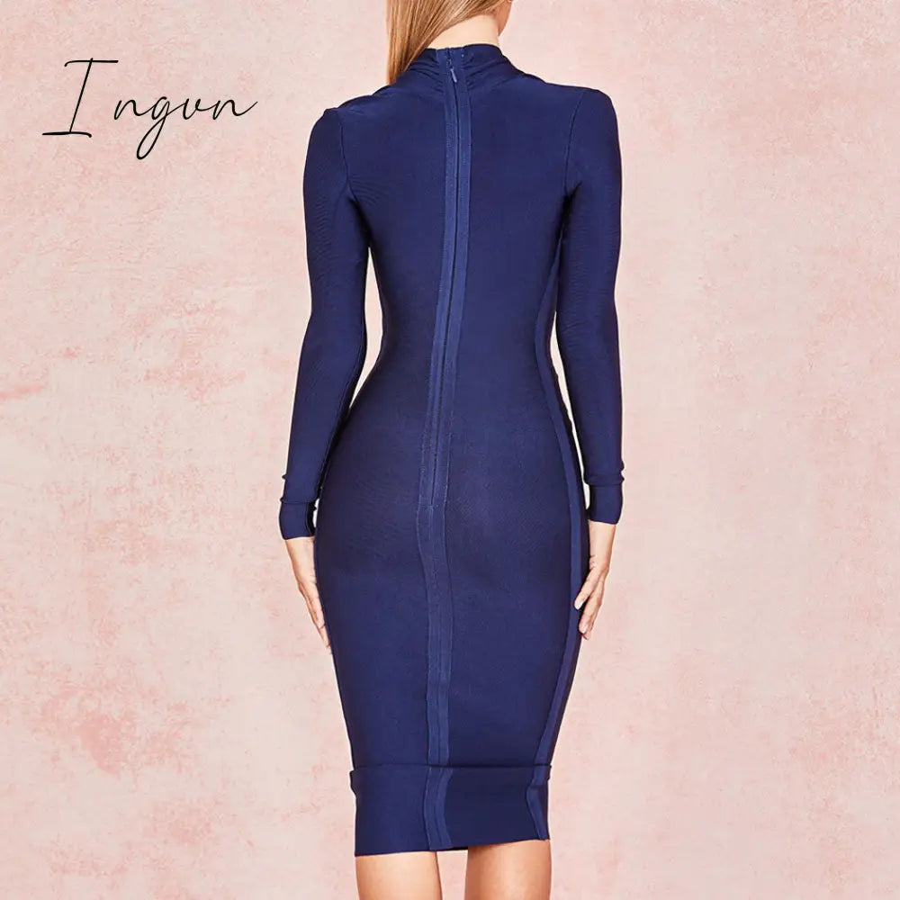 Ingvn - New Summer Deep V Neck Women Bandage Dress Full Sleeves Celebrity Bodycon Dress Sexy Club Vestidos Evening Party Dresses
