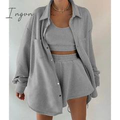 Ingvn - Tracksuit Three Piece Set Women Oversize Hoodies Sweatshirt Sweatpants Joggers Short Pant Suits Femme Outfits Sweatsuit
