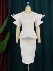 Ingvn - Women White Party Dresses Stylish Short Sleeves Ruffles Peplum Bodycon Christmas Event Birthday Wedding Guest Female Large Size