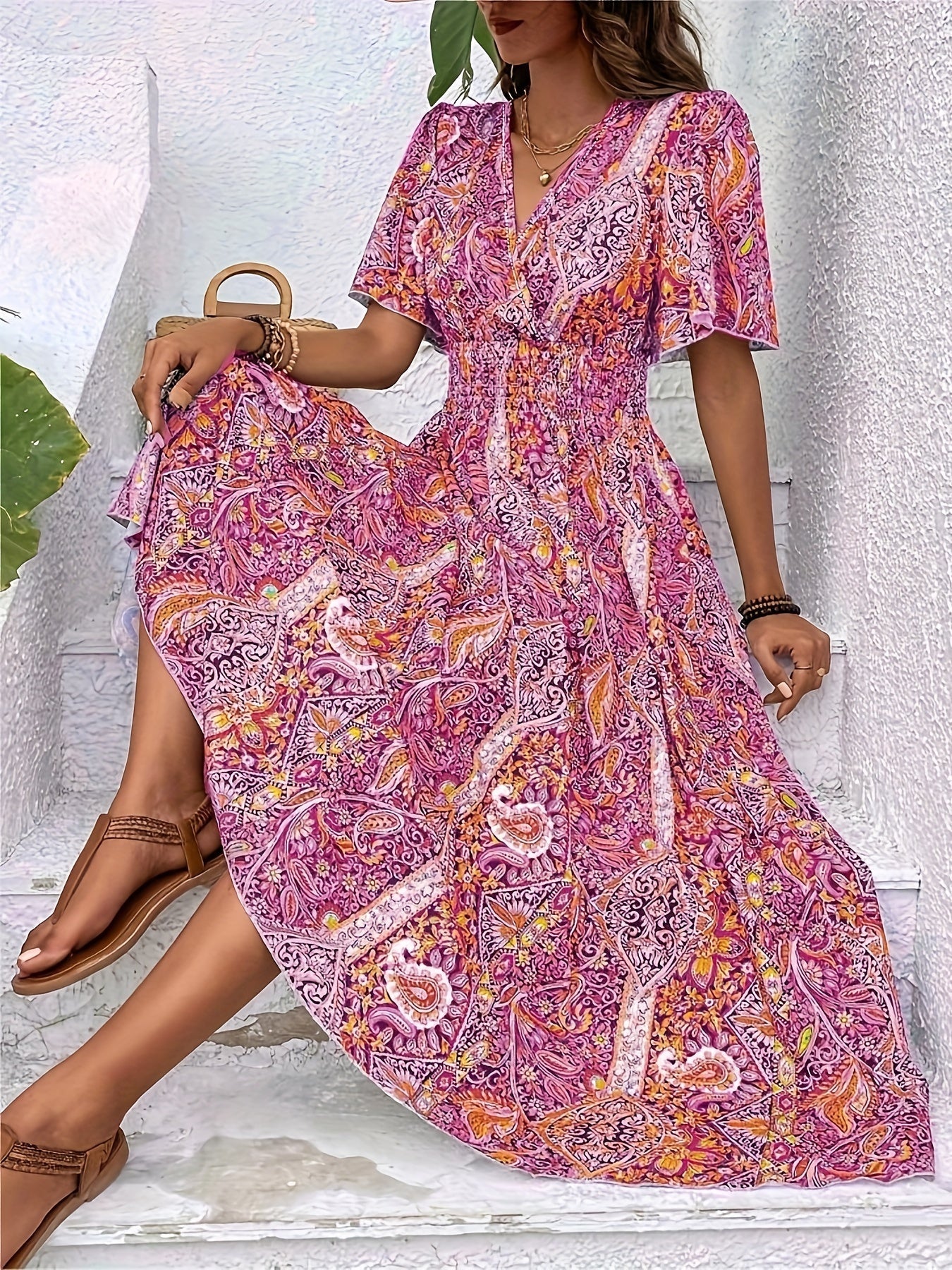 Plus Size Ethnic Floral Print Shirred Waist Dress, Casual Short Sleeve Dress For Spring & Summer, Women's Plus Size Clothing