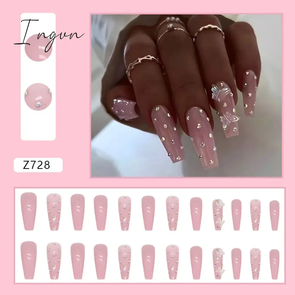 24pcs/Box Gradient Nail Art Patches False Nails Short Square Nail Blue Starry Glitter Teardrop Diamond Fake Nail Tips