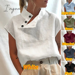 Ingvn - New Stylish Tunic Tops Plus Size Women Short Sleeve Summer Blouses Buttons Solid Cotton Linen Tops Casual Loose Blusas Femme
