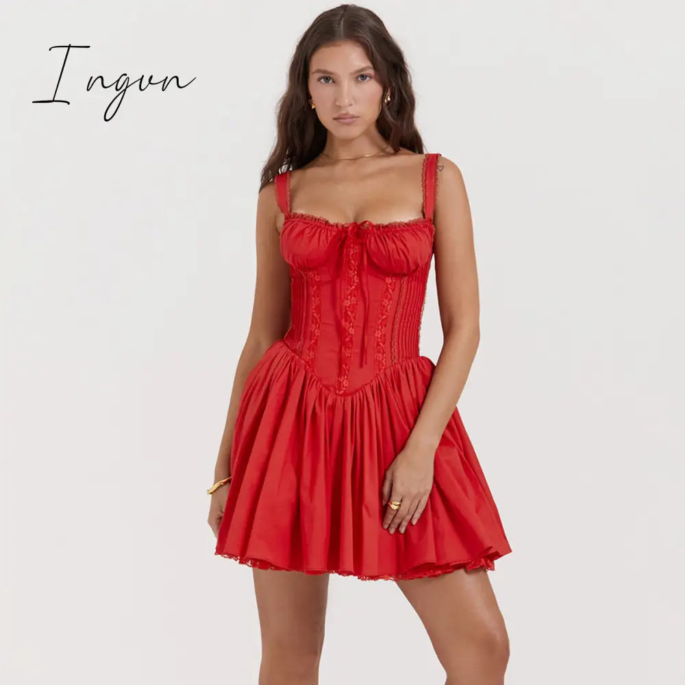 Ingvn - White A Line Party Dresses Women Mini Elegant Lace Up Holiday Dress Casual Spaghetti Strap Summer Women Clothing 2023