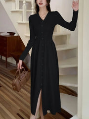 Autumn Vintage Knitted Dress for Women Elegant Single Breasted V-Neck Long Sleeves A-Line Party Dresses Slim Waist Vestidos New
