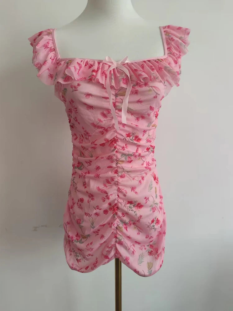 S-XXL Floral Blossom Dress Transparent Hot Dresses Ruched Draw String Flower Print Vestido Tight Sexy Package Hip Minifalda Body