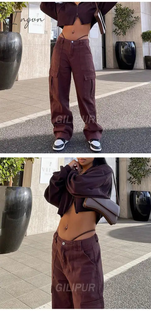 Ingvn - Y2k Cargo Pants Women's Jeans New Fashion Baggy Jeans Denim Overalls 90s Low Rise Pocket Straight Leg Trousers Streetwear