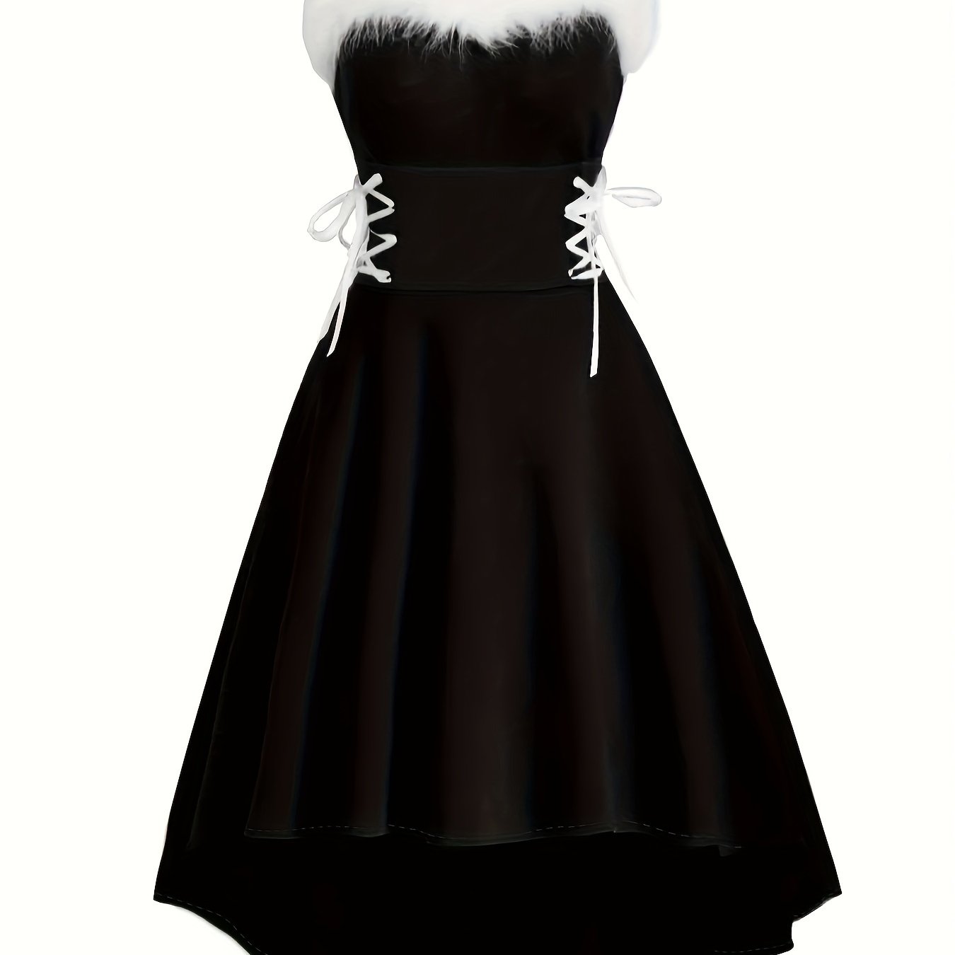Vintage-Inspired Faux Fur Aline Swing Tank Dress - Contrast Trim, Asymmetrical Hem, Cross Tie Detail, Christmas Party Dress - Women's Clothing, Holiday Season Fashion