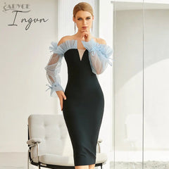 Ingvn - New Winter Women Long Sleeve V Neck Club Dress Sexy Ruffles Off Shoulder Lace Patchwork Celebrity Runway Party Dress
