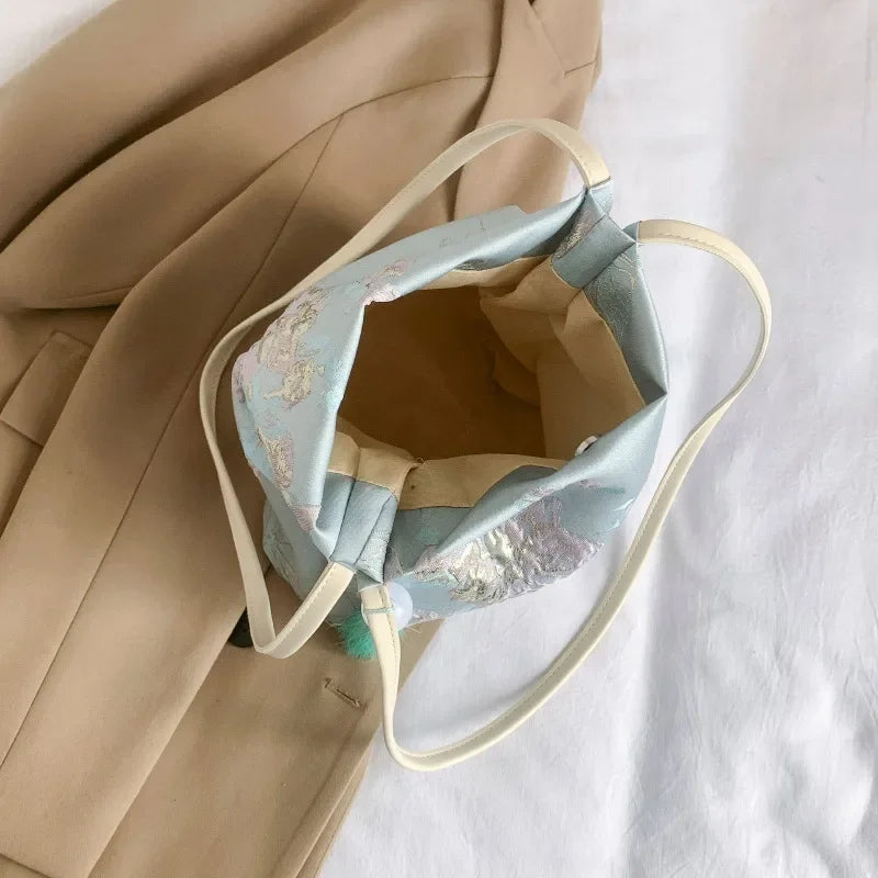 Ingvn  Floral Embroidery Bucket Handle BagWomen Hanfu Collocation Butterfly PU Strap Satin Shoulder Bag