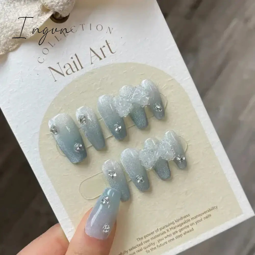 Bow Ice Translucent Sense Handmade Wearable Fake Nail Gradient AB Asymmetric Almond False Nails Trim Nail Shape Nail Decoration