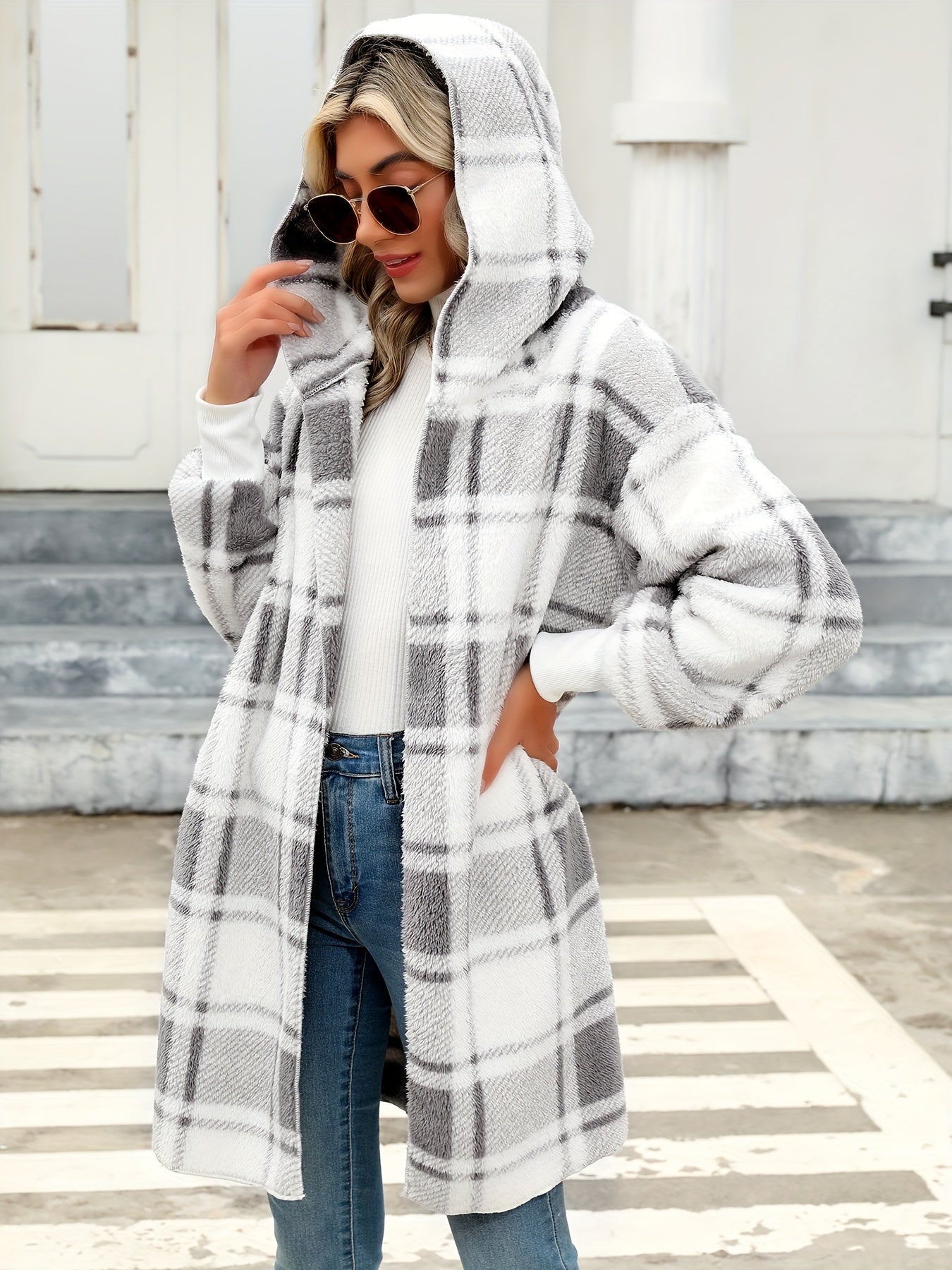 Stylish Long Sleeve Hooded Plush Lined Cardigan - Fleece Jackets with Color Block Plaid Print, Soft and Warm Women's Clothing for Winter