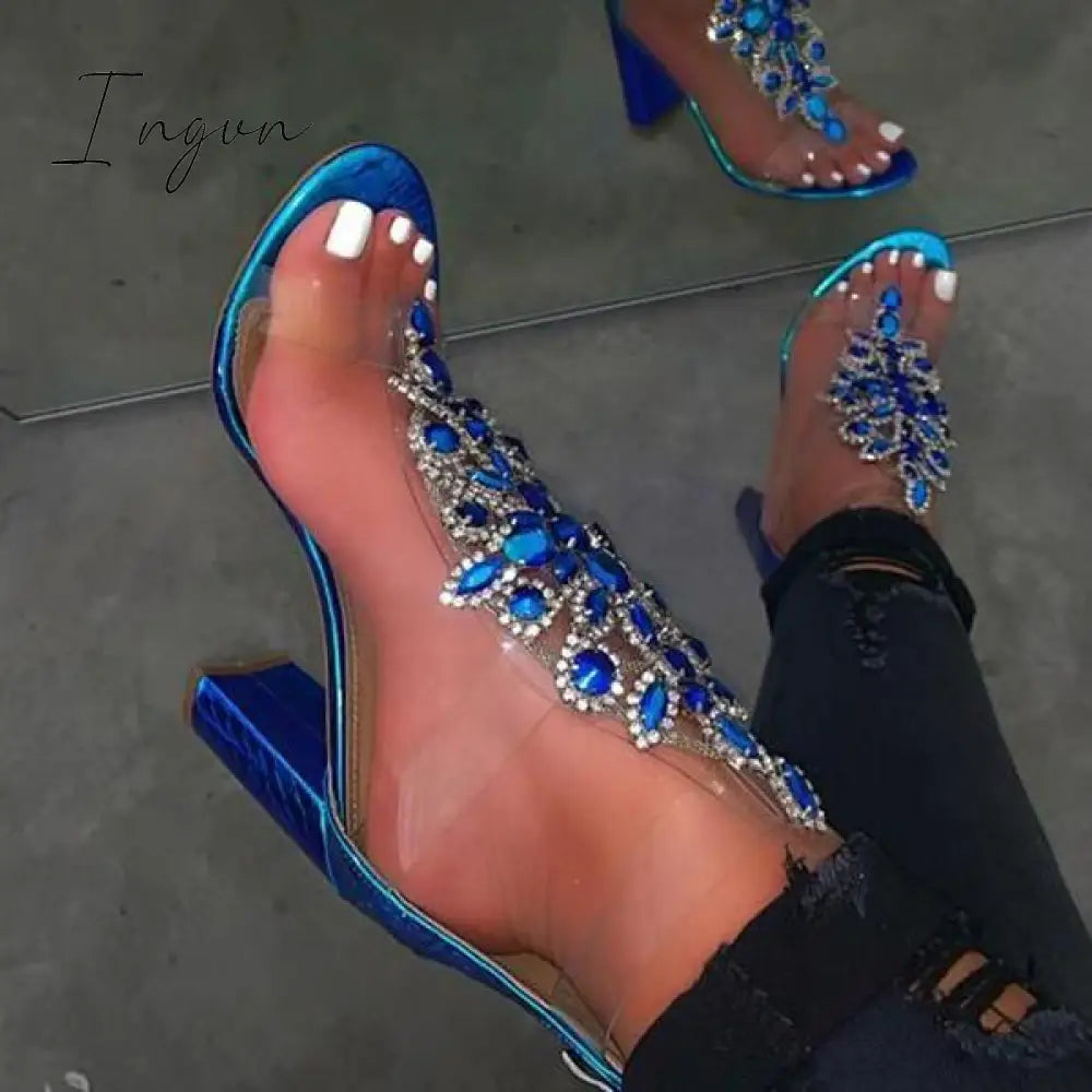 Ingvn - Line-Style Buckle Open Toe Chunky Covering Casual Rhinestone heels