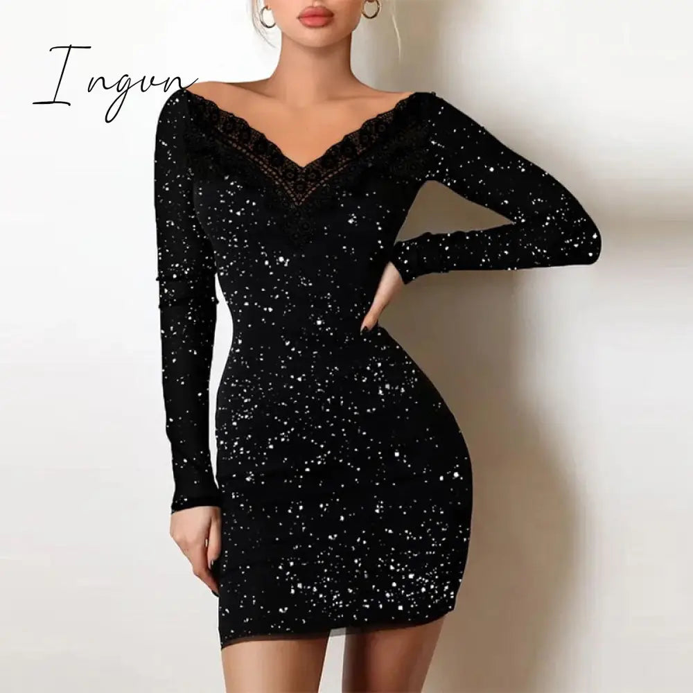 Ingvn - Spring Off Shoulder Splicing Lace Dress Sexy Slim-Fit Bright Silk Bag Hip Black Dress Fashion Elegant Women New Mini Party Dress