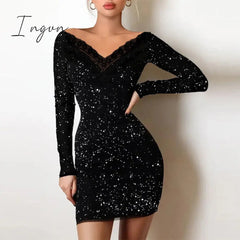 Ingvn - Spring Off Shoulder Splicing Lace Dress Sexy Slim-Fit Bright Silk Bag Hip Black Dress Fashion Elegant Women New Mini Party Dress