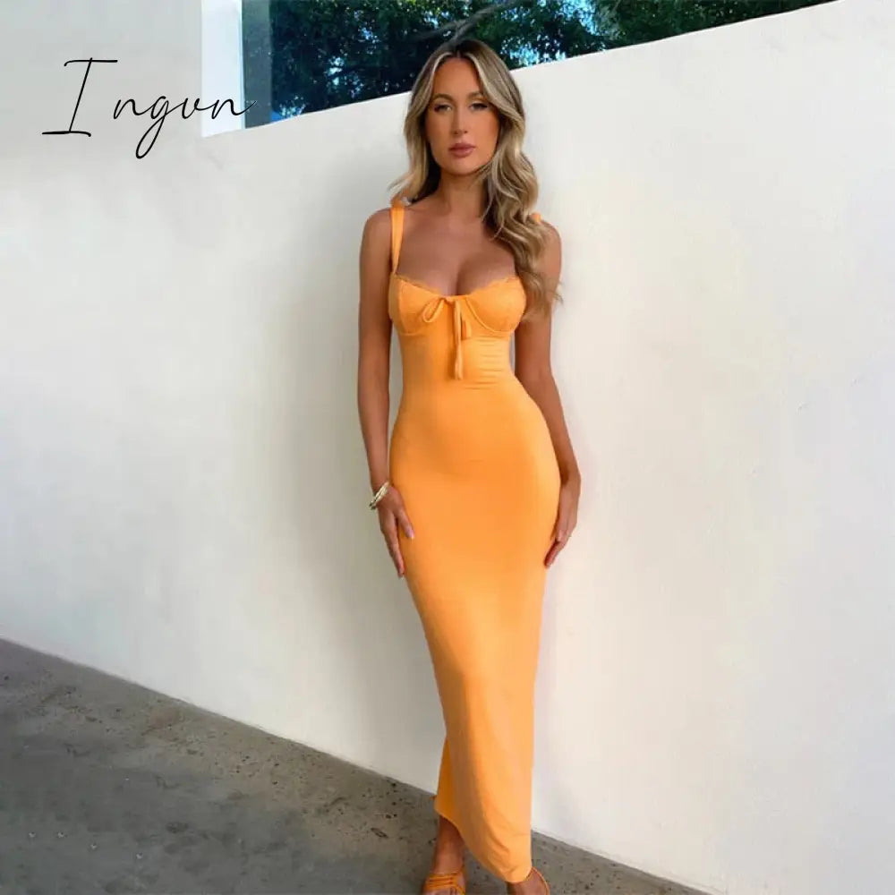 Ingvn - Elegant Lace Maxi Dress Women Lace-up Spaghetti Strap Sleeveless Bodycon Sexy Party Long Dress Vestidos 2023 Clubwear