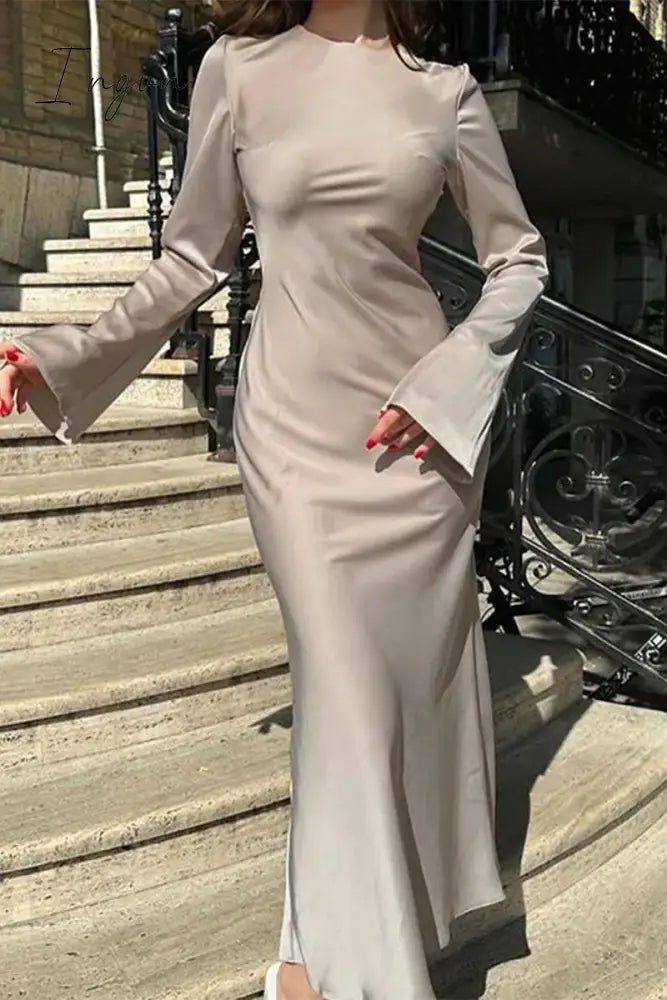Ingvn - Elegant Simplicity Solid Patchwork O Neck One Step Skirt Dresses