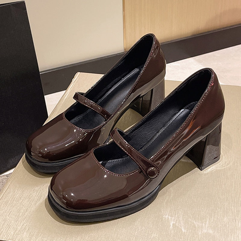 Vintage Thick High Heels Mary Jane Shoes Women  Patent Leather Brown Shoes Woman Round Toe Chunky Heels Pumps Mujer