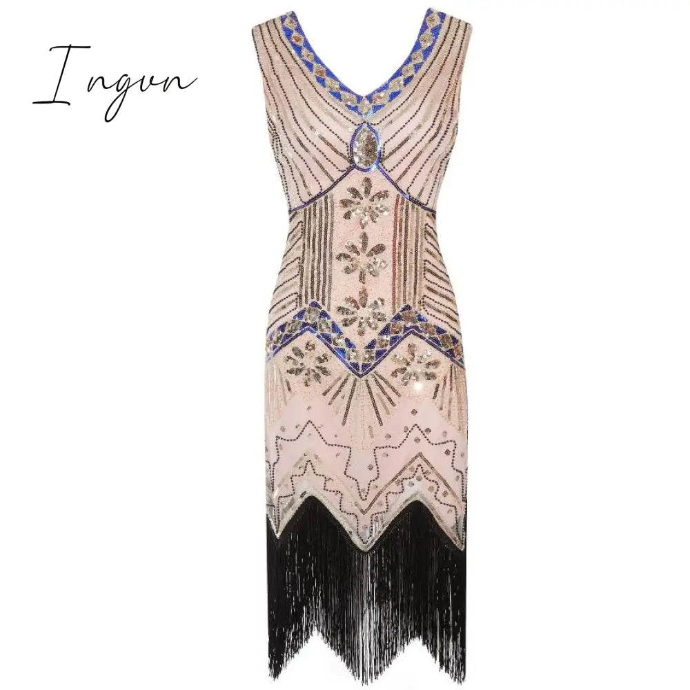Ingvn - 1920s Vintage Flapper Great Gatsby Party Dress V-Neck Sleeveless Sequin Beaded style Style Tassel Flapper Vestidos Feminina 1920
