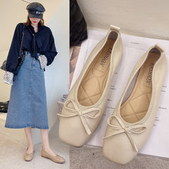 Women's bow flat shoes spring and autumn Korean style elegant shallow mouth square toe outer wear fairy style peas shoes